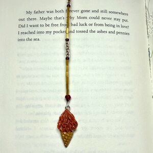 Hand Crafted Beaded Bookmark Chocolate Ice Cream Cone & Red Bead Charms